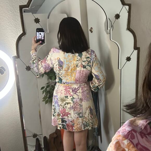 Zara Patchwork Floral Parrot Long Sleeve Shirt Dress Pink Medium NWT - Picture 2 of 6